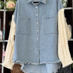 POL Blue Jean Shacket with Cable Knit Cream Sleeves